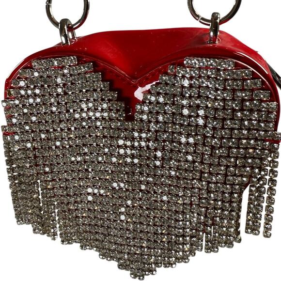 Poster Girl Red Heart Purse Rhinestone Fringe Mini Bag Patent Leather - Picture 3 of 9